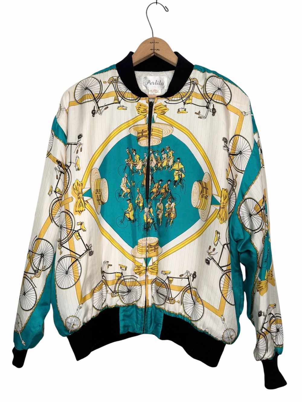 Perlita Silk Bomber Jacket Les Bécanes The Bikes Print Vintage 90s Size L Rare